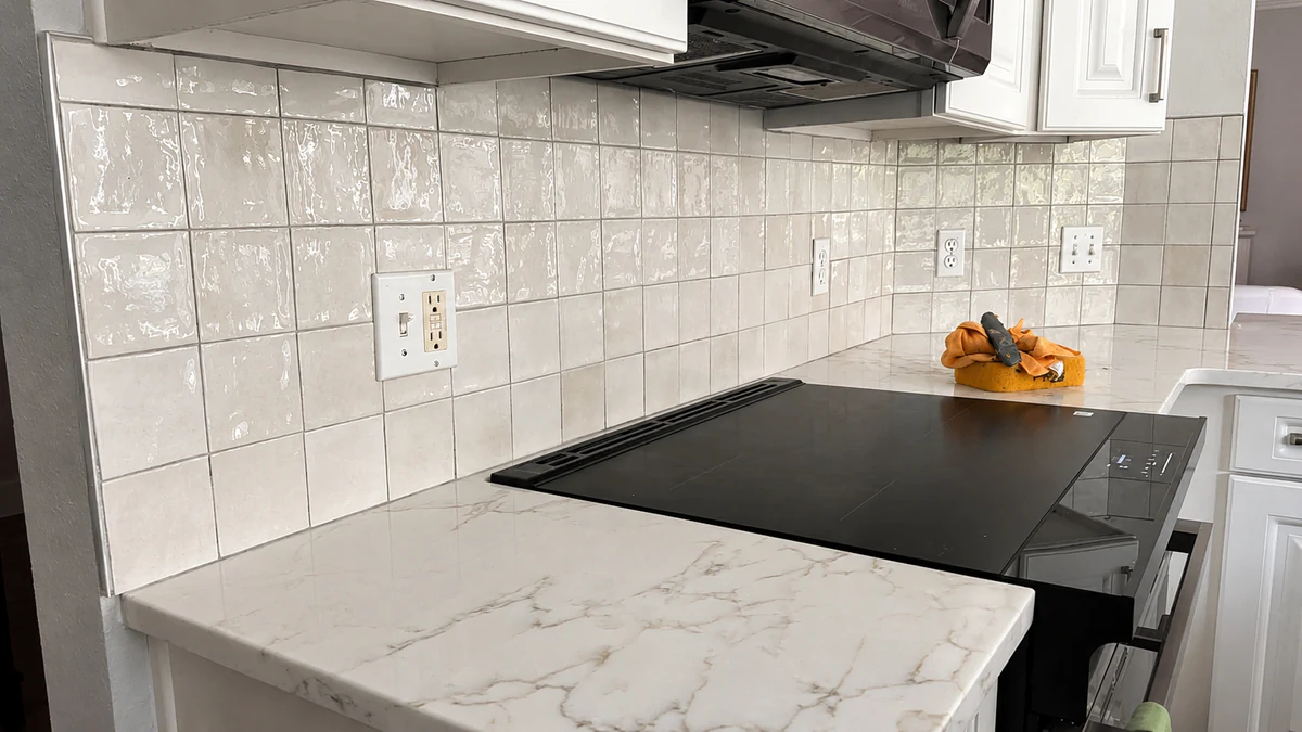 Kitchen backsplash installation — wide view